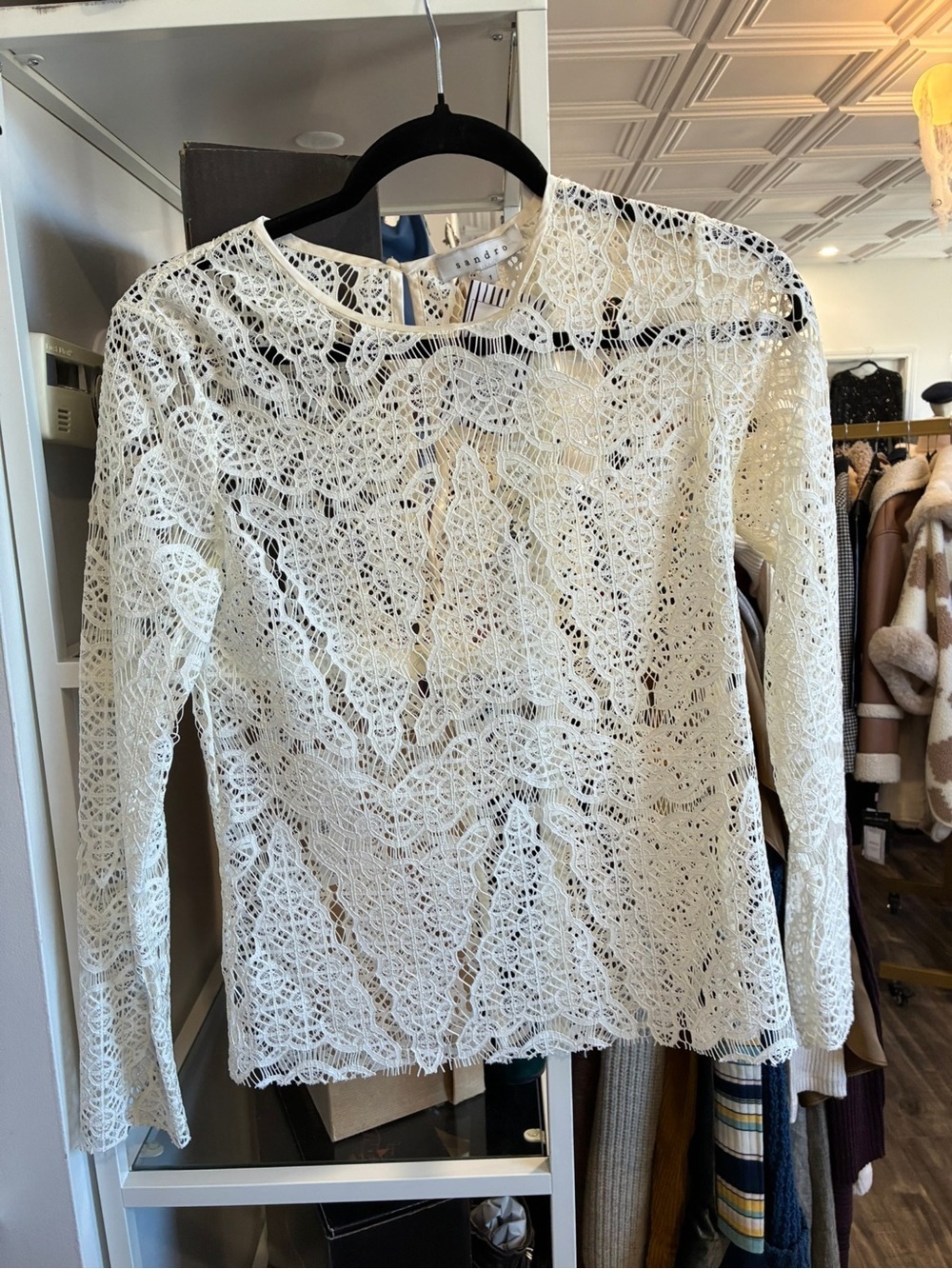 Sandro Ivory Lace Long-Sleeve Blouse